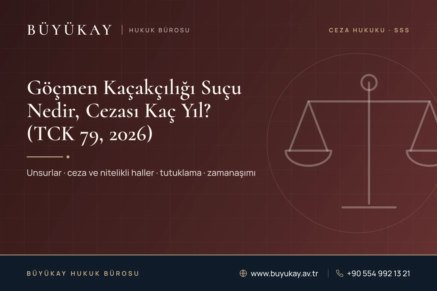 Cover: Migrant Smuggling in Türkiye article title, scales of justice drawing, BÜYÜKAY Law Office name and contact details