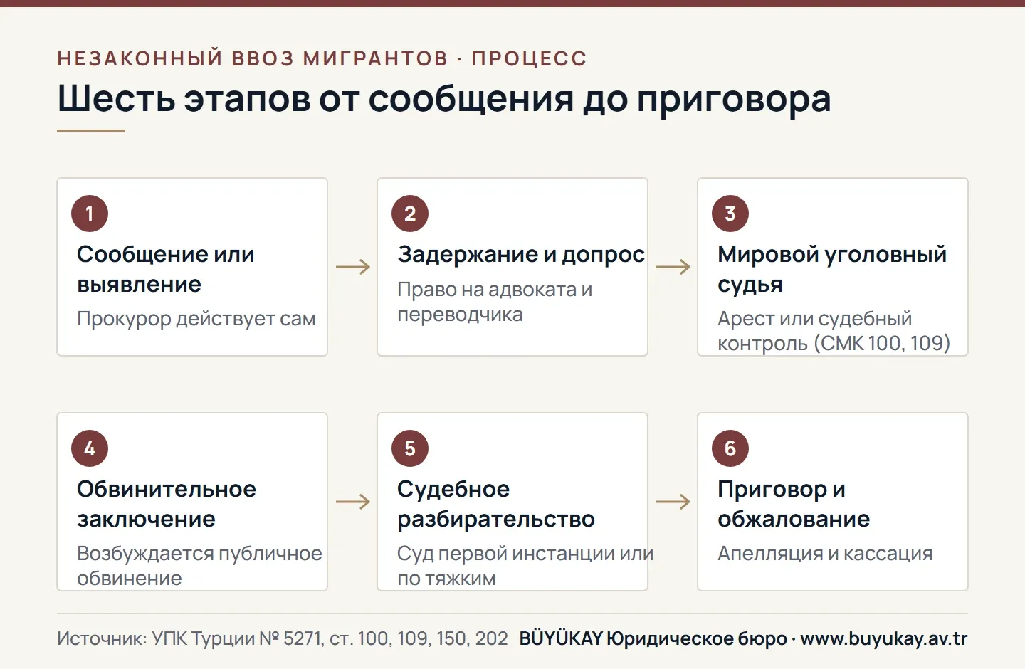 Шесть этапов дела о незаконном ввозе мигрантов в Турции: сообщение, задержание, арест, обвинение, суд и обжалование