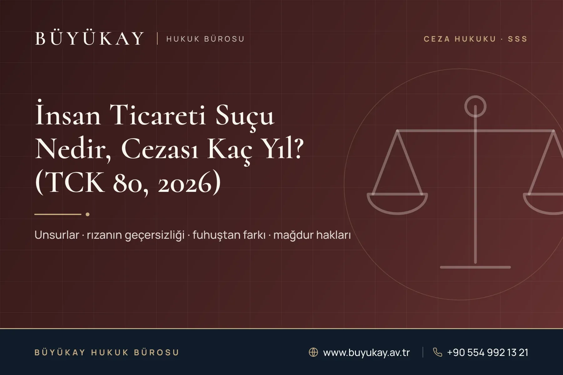 الغلاف: عنوان مقال جريمة الاتجار بالبشر في تركيا مع رسم لميزان العدالة واسم مكتب BÜYÜKAY للمحاماة وبيانات التواصل