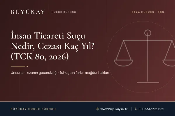 Обложка: заголовок статьи о торговле людьми в Турции, рисунок весов правосудия, BÜYÜKAY Юридическое бюро и контакты